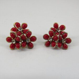 Vintage 1960's Red  And Gold Tone Daisies and Rhinestone Screw Back Earrings